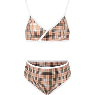 Burberry Kids' Beige Bikini For Girl With Iconic Vintage Check