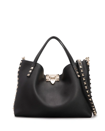 Valentino Rockstud Calfskin Small Tote Bag In 44a Nero Rose Qua