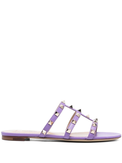 Valentino Garavani Rockstud Leather T-strap Flat Sandals In Purple