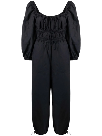 Ulla Johnson Amalie Bow-detailed Gathered Cotton-poplin Jumpsuit In Noir