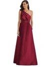 Alfred Sung Draped One-shoulder Satin Maxi Dress With Pockets In Red