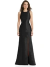 Alfred Sung Dessy Collection Jewel Neck Bowed Open-back Trumpet Dress With Front Slit In Black