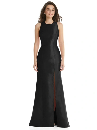 Alfred Sung Dessy Collection Jewel Neck Bowed Open-back Trumpet Dress With Front Slit In Black