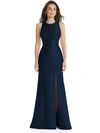 Alfred Sung Dessy Collection Jewel Neck Bowed Open-back Trumpet Dress With Front Slit In Blue