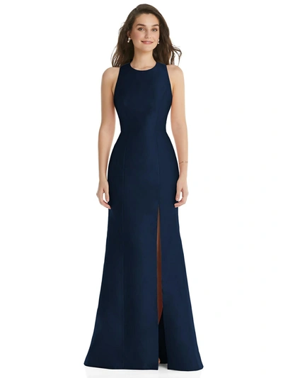 Alfred Sung Dessy Collection Jewel Neck Bowed Open-back Trumpet Dress With Front Slit In Blue