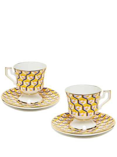 La Doublej Set Of Two Geometric-print Espresso Cup And Saucer In Cubi Giallo
