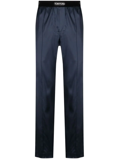 Tom Ford Velvet-trimmed Stretch-silk Satin Pyjama Trousers In Blue