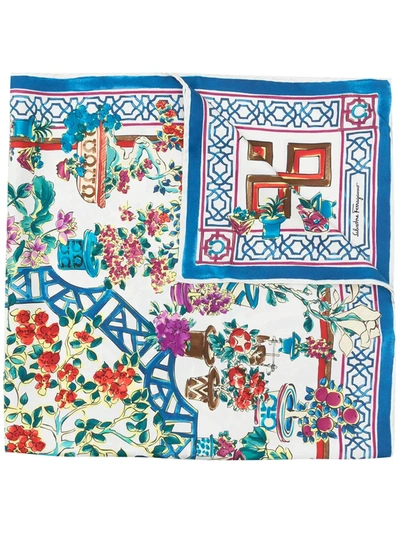 Salvatore Ferragamo Bonsai Print Silk Square Foulard In Blue