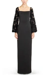 Black Halo Tiana Square Neck Long Sleeve Gown In Dark Flora