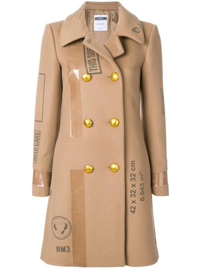 Moschino Patch Print Double Breasted Coat In Light Brown