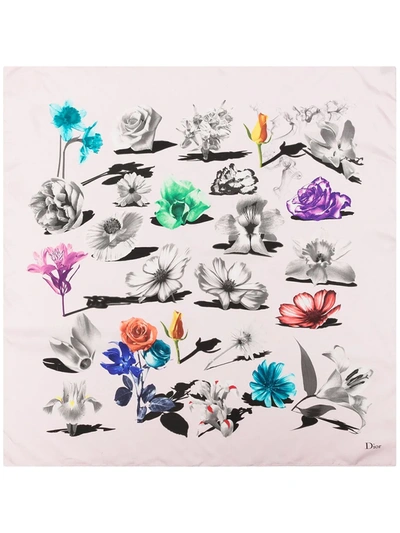 Pre-owned Dior  Floral-print Silk Scarf In White