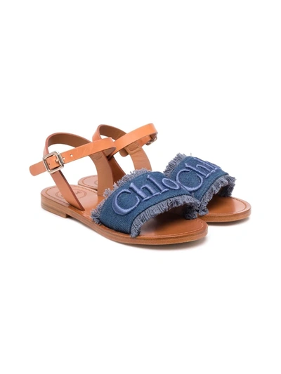 Chloé Kids Sandal In Brown Leather And Blue Denim With Embroidered Logo