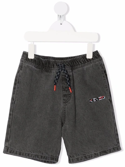 Kenzo Kids' Dark Gray Boy Shorts With Acid Wash Embroidered With Logo Featuring Embroidered Logo On The Front, E In Grau