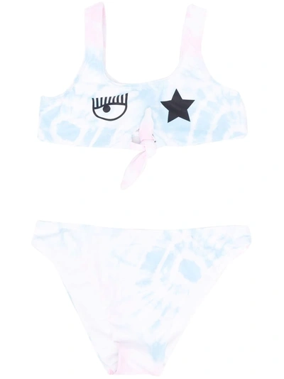 Chiara Ferragni Kids' Eyestar Tie Dye Tech Bikini W/ Bow In Multicolor