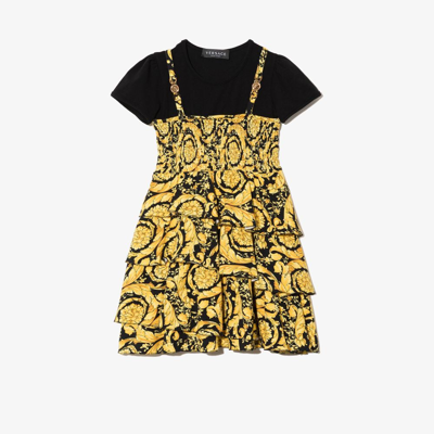 Versace Kids Black & Yellow Barocco Ruffled Dress
