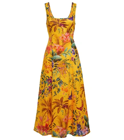 Zimmermann Tropicana Floral Print Cutout Linen Midi Dress In Yellow Print