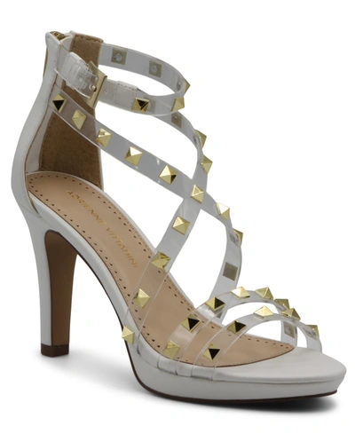 Adrienne Vittadini Women's Gravie Strappy Studded High Heel Dress Sandals Women's Shoes In White Clear