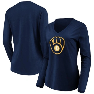 Fanatics Branded Navy Milwaukee Brewers Official Logo Long Sleeve V-neck T-shirt
