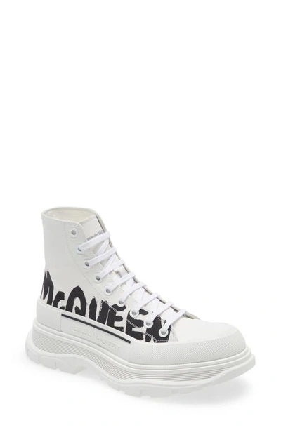 Alexander Mcqueen Graffiti Tread Slick Leather Boots In Optic White
