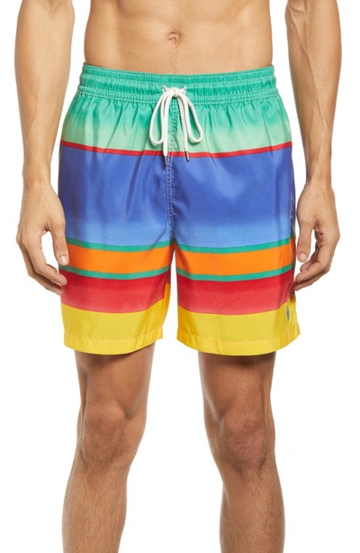 Polo Ralph Lauren Traveler Icon Logo Varied Stripe Swim Shorts In Yellow Multi