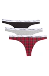 Calvin Klein Carousel Thong 3-pack In Black,grey,plaid