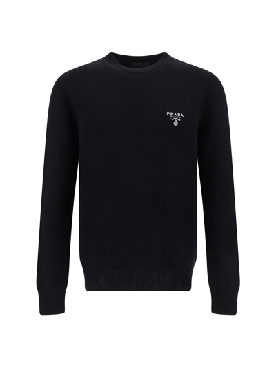 Prada Black Crewneck Sweater With Logo Embroidery