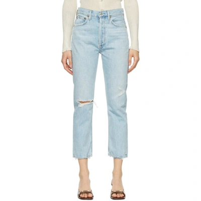 Agolde Blue Distressed Riley Straight Crop Jeans In Shatter