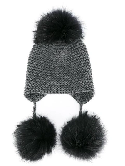 Inverni Fox Fur Triple Pom Pom Beanie Hat