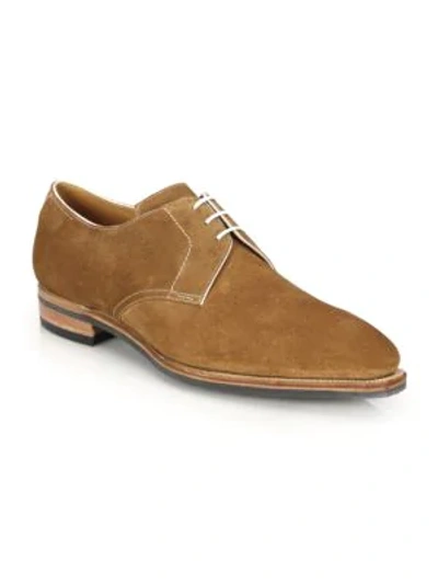 Corthay Sergio Pullman Calf Suede Piped Derby Shoes In Castor Tan