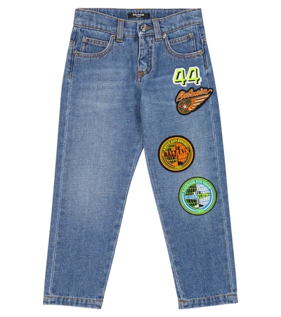 Balmain Kids' Embroidered Cotton-blend Jeans In Azzurro