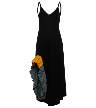 Loewe Wool Midi Dress With Contrasting Ruffles In Black