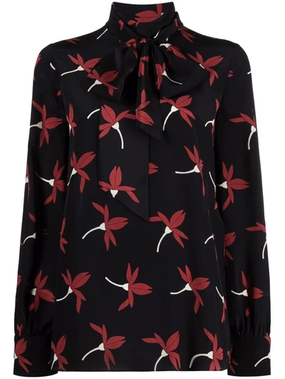 Valentino Fairy Flowers Print Tie Neck Silk Crêpe De Chine Blouse In Black/cherry