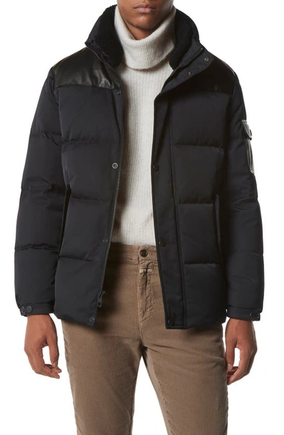 Andrew Marc Ainsworth Down Puffer Jacket With Genuine Shearling Trim In Black