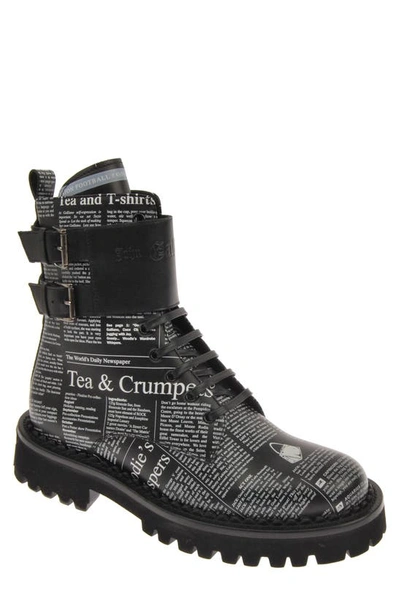 John Galliano Paris Men's Gazette-print Buckle Combat Boots In Black