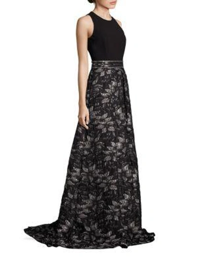 Carmen Marc Valvo Beaded Floral Jacquard Gown In Black