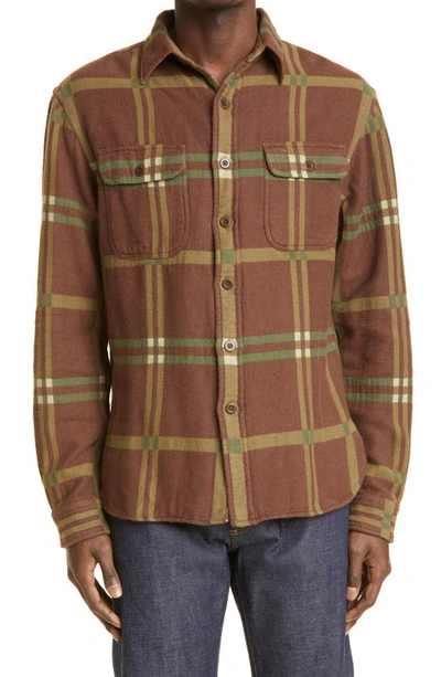 Double Rl Matlock Plaid Jacquard Cotton Button-up Work Shirt In Brown/ Olive