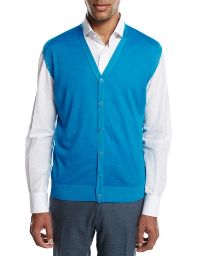 Kiton Cashmere-silk V-neck Cardigan Vest, Aqua (blue), Blue