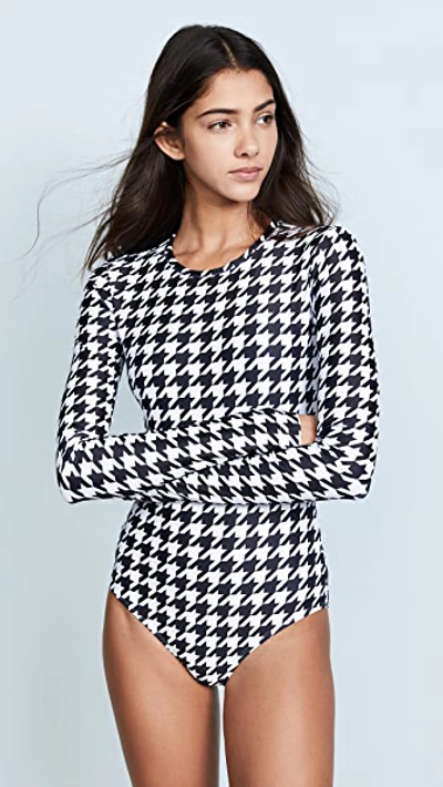 Cover Long-sleeve One-piece Swimsuit, Solid Or Mesh In Houndstooth