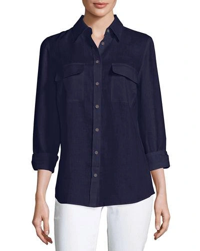 Go Silk Plus Size Long-sleeve Button-front Linen Top In Navy
