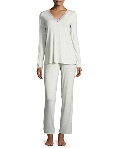 Natori Feathers Long-sleeve Pajama Set In Heather Pebble Stone