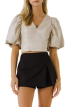Endless Rose Puff Sleeve Faux Leather Top In Taupe