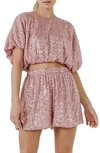 Endless Rose Sequins Cropped Puff Top In Pink