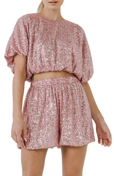 Endless Rose Sequins Cropped Puff Top In Pink