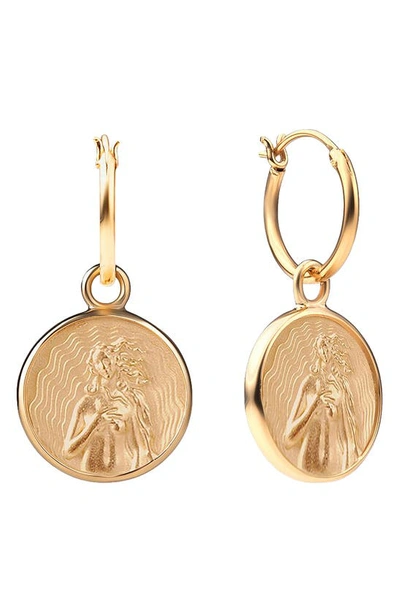Awe Inspired Aphrodite Coin Drop Huggie Hoop Earrings In Gold