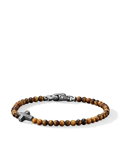 David Yurman Spiritual Beads Cross Bracelet With Tiger's Eye In Sterling Silver In Brown/silver