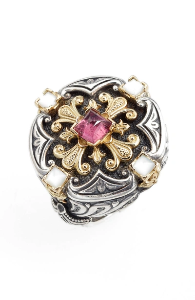 Konstantino Ornate Mother-of-pearl Ring With Crystal Quartz Over Pink Sapphire & Tourmaline In Pearl/ Pink Tourmaline