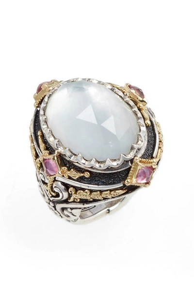 Konstantino North-south Mother-of-pearl Ring With Pink Crystal Quartz Over Sapphire & Tourmaline In Silver