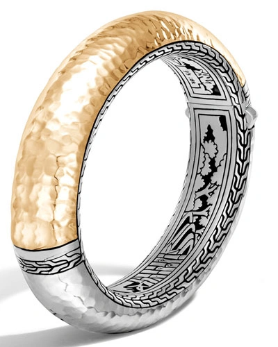 John Hardy Sterling Silver And 18k Bonded Gold Classic Chain Hammered Oval Hinged Bangle In Gold/silver