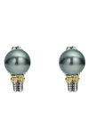 Lagos 18k Gold And Sterling Silver Luna Cultured Tahitian Pearl Huggie Earrings In Black Pearl
