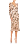 Mac Duggal Diamond Bead Long Sleeve Midi Dress In Peach